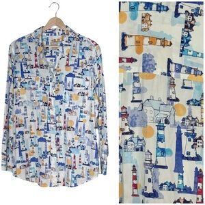 Chico’s Lighthouse Novelty Print Button Front Blouse Size L 
Vacation Travel